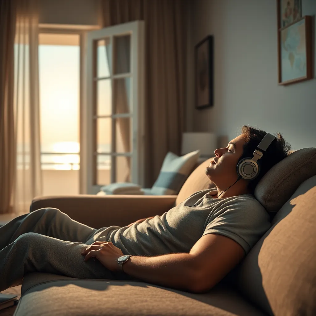 A cozy living room with soft lighting and a plush sofa. A person reclines comfortably with headphones on, eyes closed, enjoying music. A sunlit beach scene is visible through an open window, enhancing the relaxed mood.