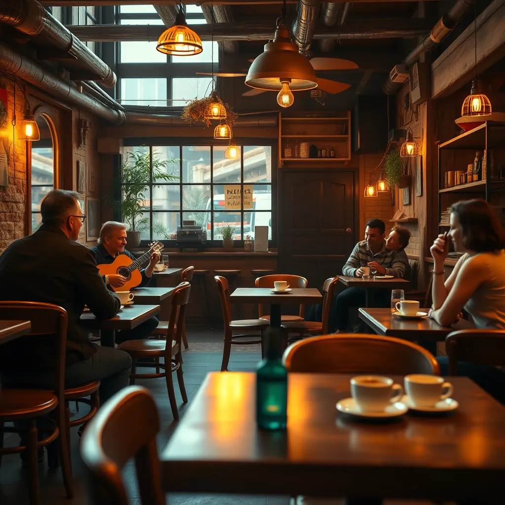 A warmly lit, rustic coffee shop with wooden tables and chairs. A person plays a Spanish guitar in the corner. Patrons sip on coffee, chatting and smiling, the ambiance rich and inviting, filled with the music's warmth.