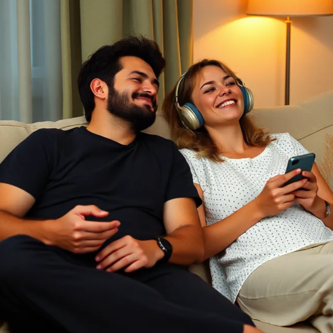 A serene coffee shop interior with comfortable seating, people relaxed and enjoying their drinks, lost in thought. Soft, warm lighting casts a calming glow. A subtle background of musicians playing gentle Spanish guitar, creating an atmosphere of tranquility.