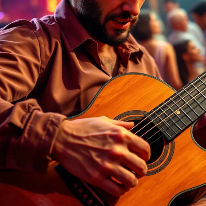 Up-close image of a passionate guitarist strumming a Spanish guitar, with visible textures of the strings and wood. Percussion instruments and other musical elements surround the guitarist. The background is a festive setting with people dancing and enjoying the music.